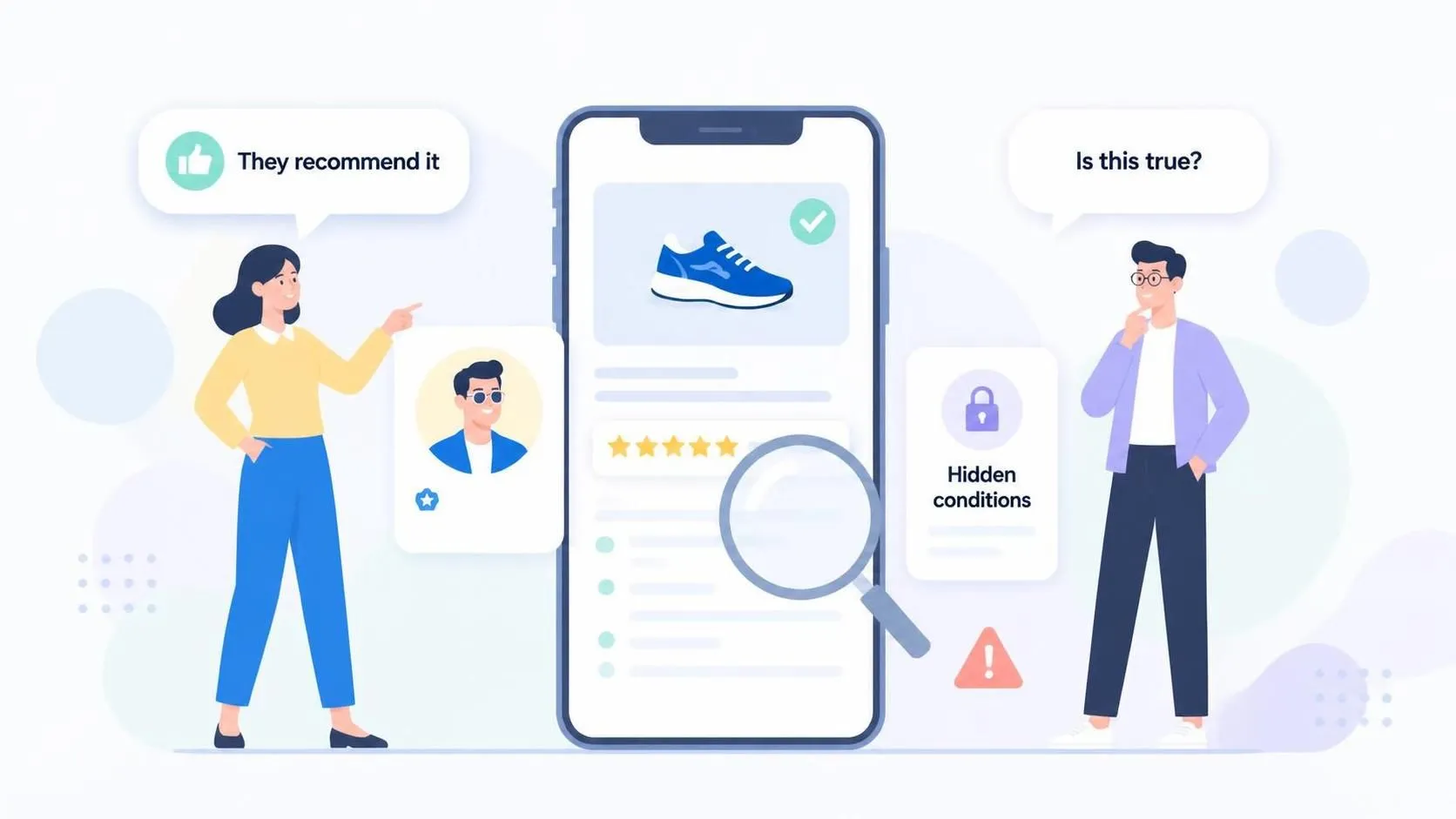 Two people react to a misleading ad: one shows an influencer recommendation, the other points to hidden conditions with “Is this true?”