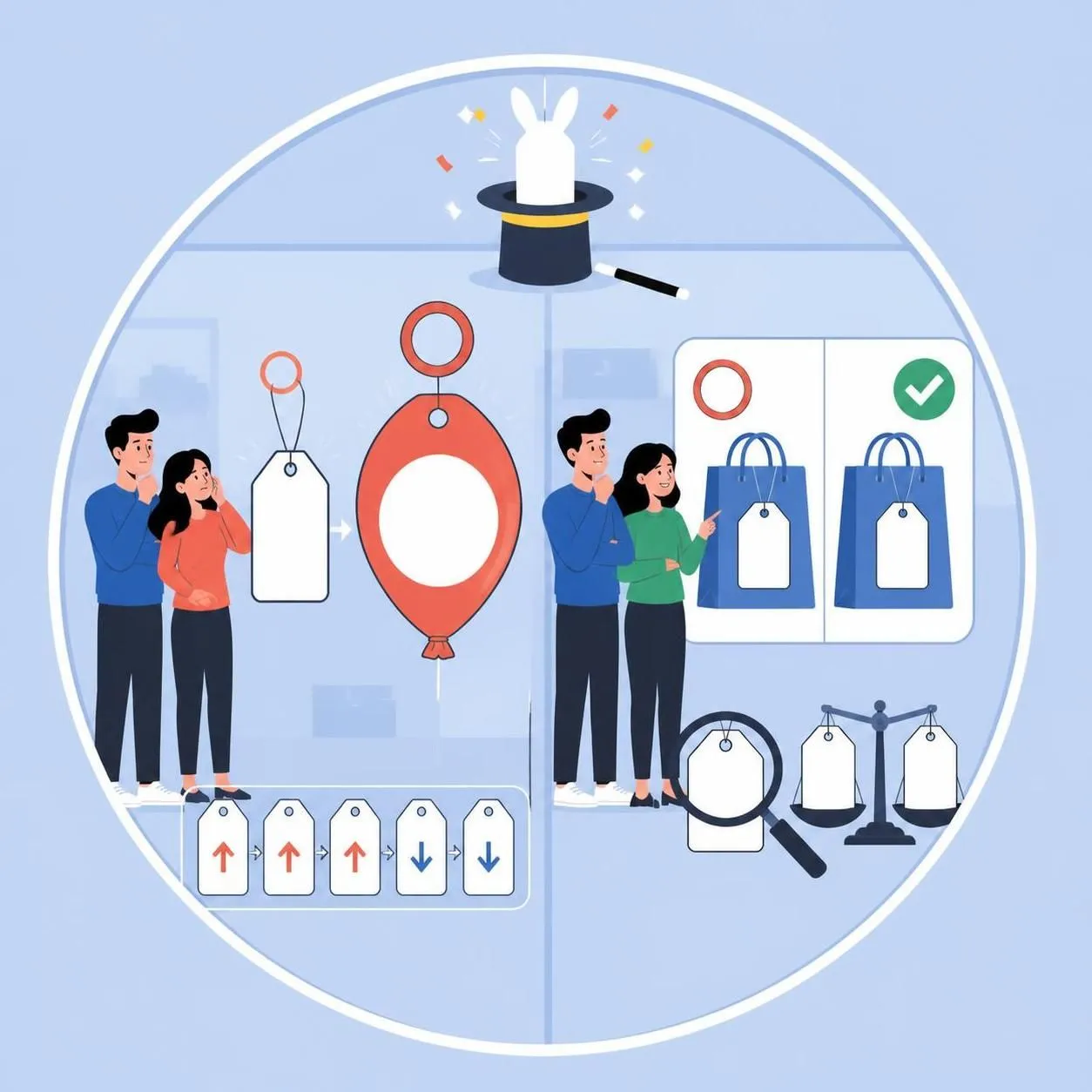 Illustration showing people comparing Black Friday “fake discount” tricks with inflated price tags and a verified deal check