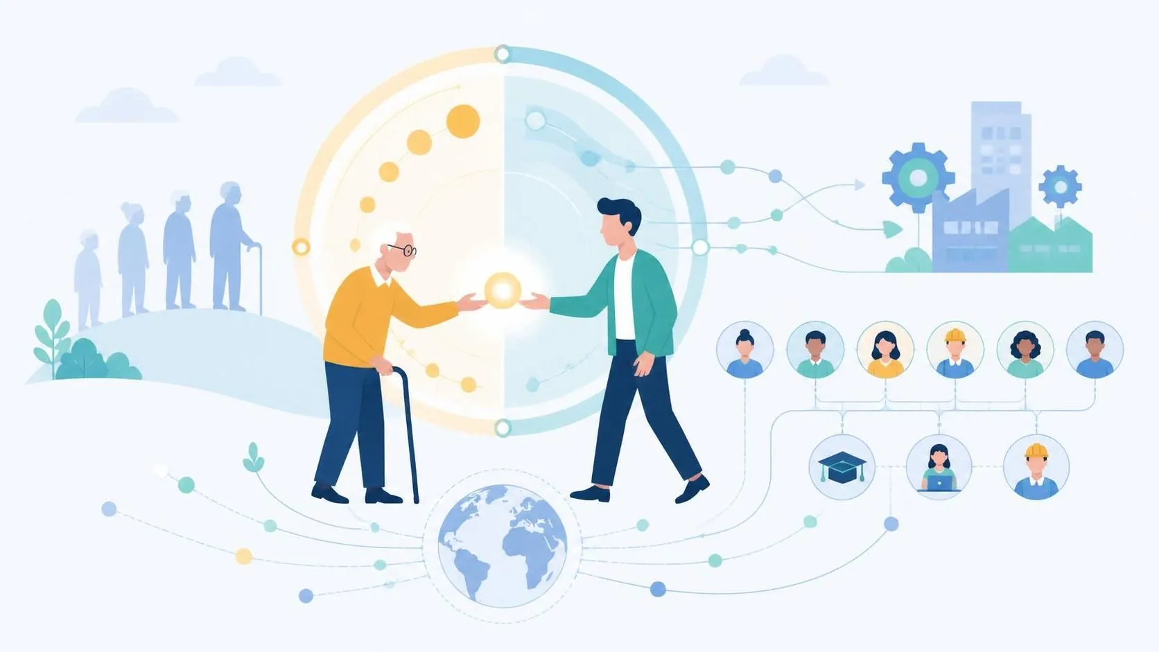 Illustration showing an older and a younger person connected by a glowing token and a global network of labor-market and workforce nodes.