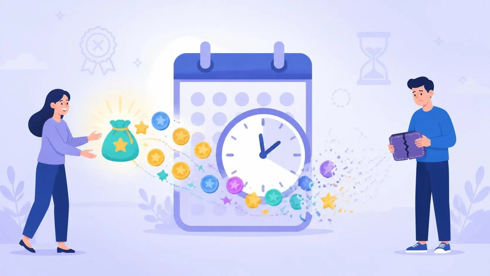Two simple characters, one reaching toward glowing reward tokens that fall toward an expiring calendar/clock, and the other holding an empty wallet as the tokens turn to confetti.