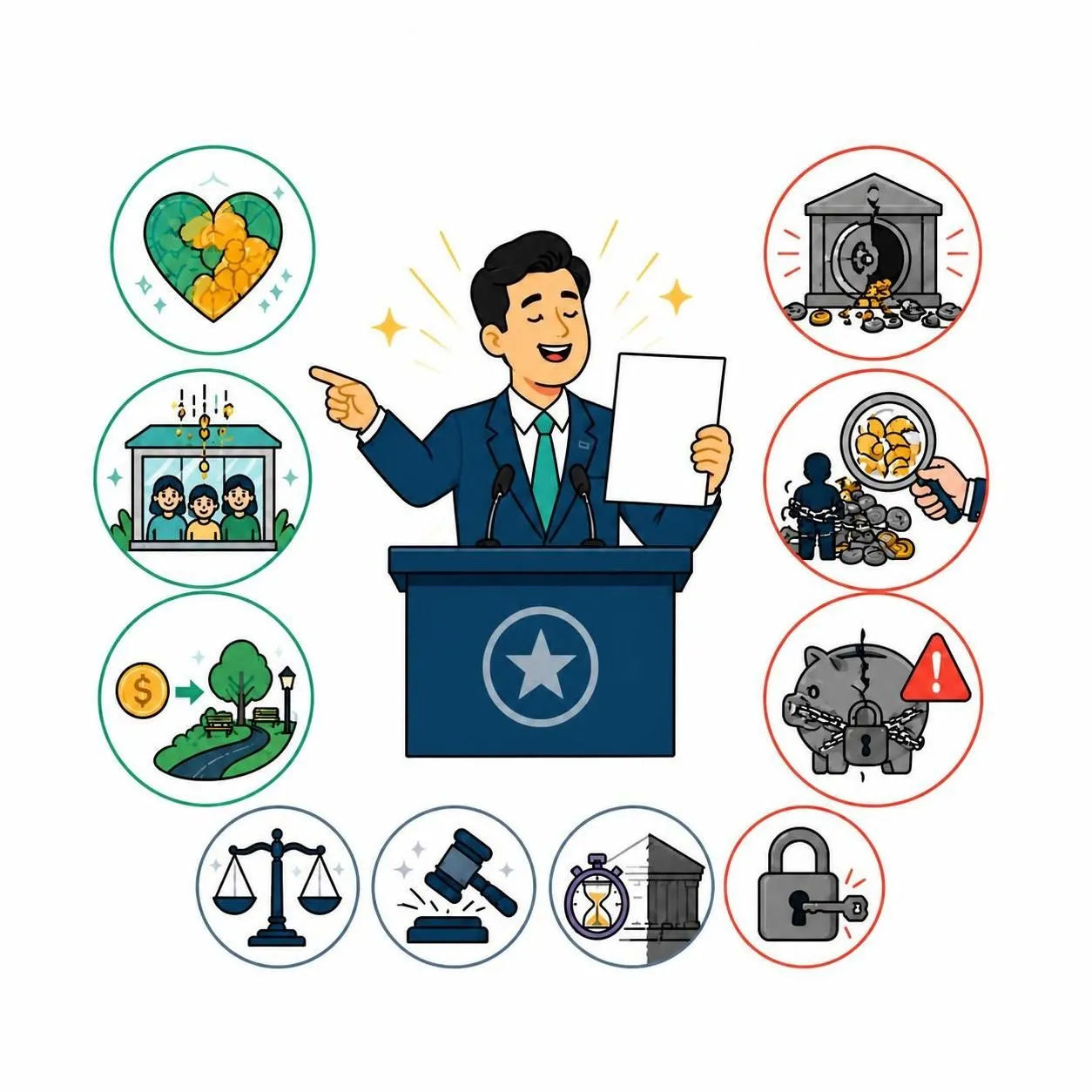 Illustration showing a government official at a podium with icons representing tax promises of public good and eventual misuse